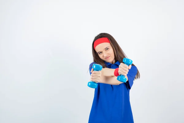 Girl Blue Shirt Red Wristband Headband Posing Dumbbells — Stock Photo, Image