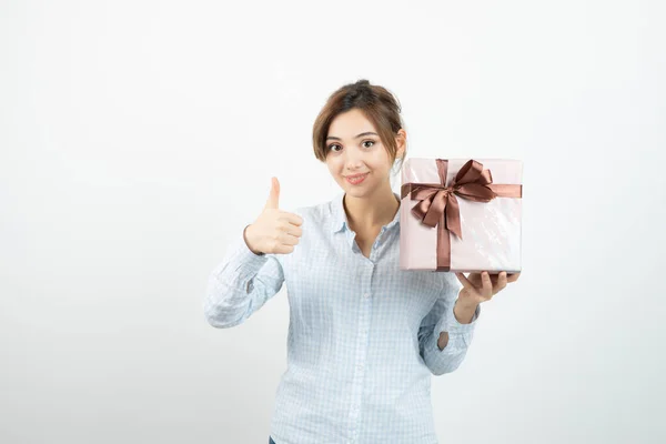 Portrait Young Cute Girl Showing Thumb Holding Present Box Ribbon — Stock Photo, Image
