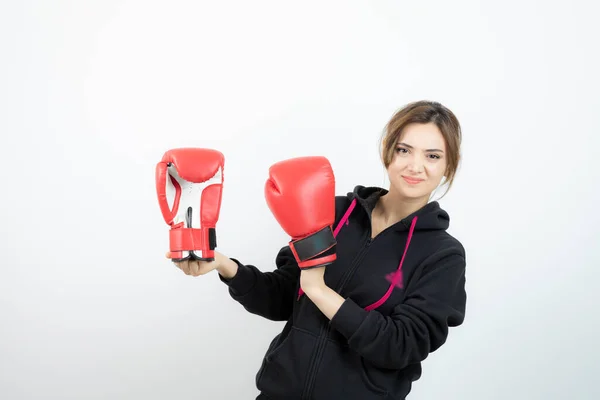 Portrait Confident Young Sportswoman Holding Boxing Gloves High Quality Photo — Stock Photo, Image