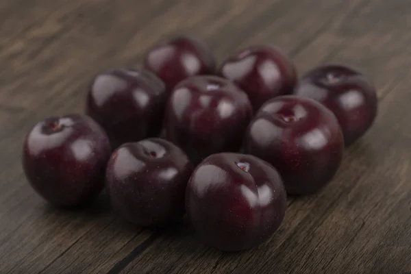 Delicious Ripe Plum Fruits Composition Wooden Surface High Quality Photo — Stock Photo, Image