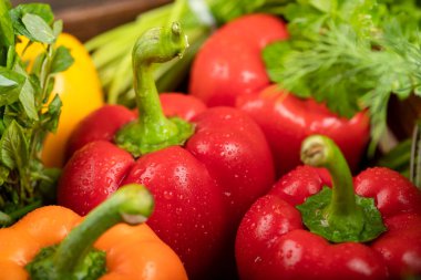 Tahta kutuda su damlaları olan sağlıklı taze sebzeler. Yüksek kalite fotoğraf