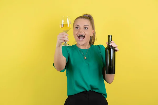 Young Beautiful Woman Glass White Wine Posing Yellow Background High — Stock Photo, Image