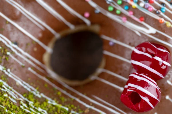 the table made of ice and candy, closeup. background, copy space