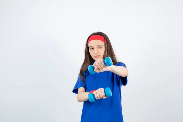 Girl Blue Shirt Red Wristband Headband Posing Dumbbells — Stock Photo, Image