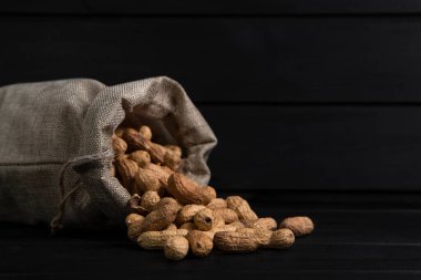 Siyah arkaplana tereyağı yapmak için organik fıstık çuvalı. Yüksek kalite fotoğraf