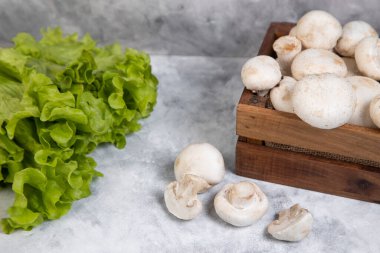 Tahta kutuda mantar mantarı ve arka planda marul salatası. Yüksek kalite fotoğraf