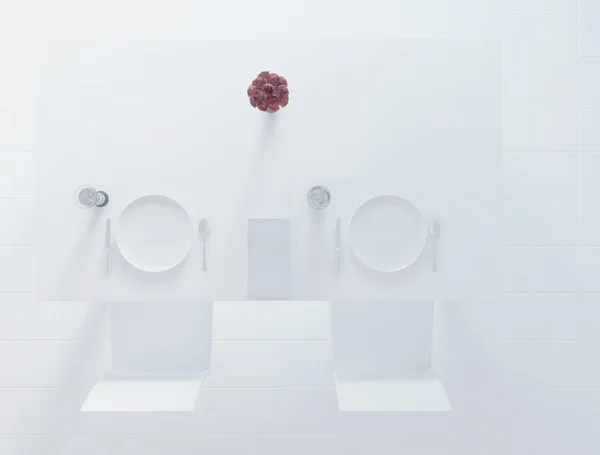 顶视图、 盘子、 花瓶和汤匙在桌子上，3d — 图库照片