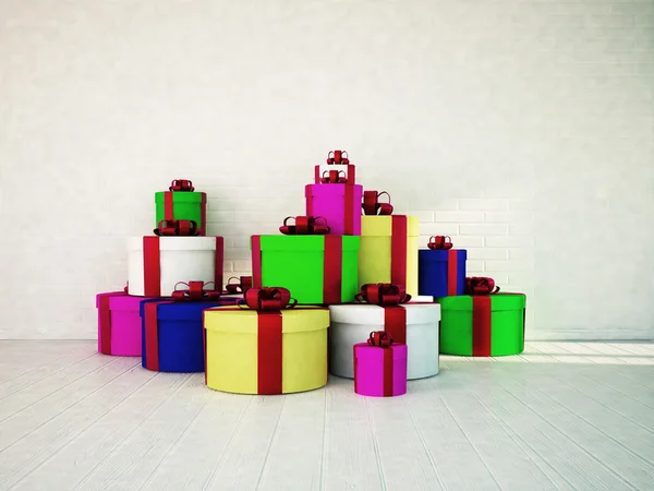 A lot of gifts on the floor, holidays, 3d — Stock Photo, Image