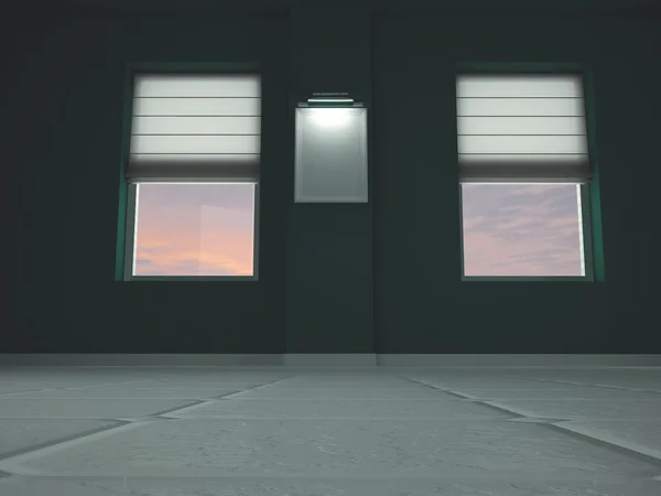 Tre fönster på kvällen rummet, 3d — Stockfoto