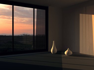 Pencerenin yanında vazolar, 3 boyutlu görüntüleme