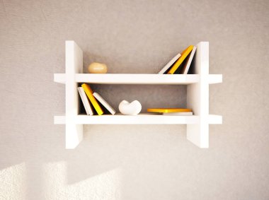 Duvardaki raf, kitaplar ve vazolar, üç boyutlu görüntüleme.