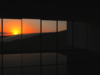 Odanın bir kısmı, büyük pencereler, üç boyutlu görüntüleme.