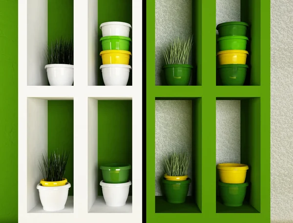 Pots with the grass on the shelves — Stock Photo, Image