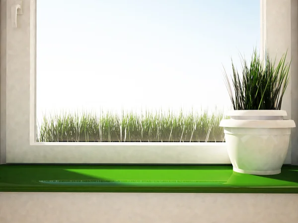 Vaso com a grama no peitoril da janela verde — Fotografia de Stock