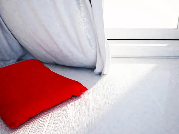 Red pillow near the window — Stock Photo, Image