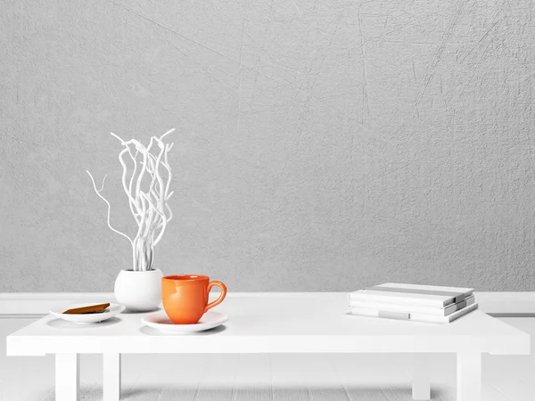 A cup, a vase and the books on the white table — Stock Photo, Image