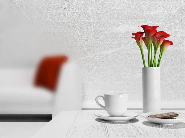 Red flowers and a cup on the table — Stock Photo, Image