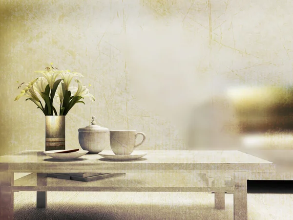 Blomma och en kopp på bordet — Stockfoto