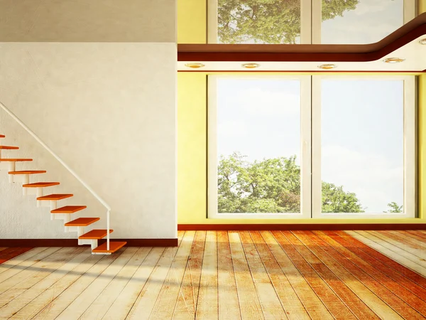 Tomt rum med ett stort fönster och en trappor — Stockfoto