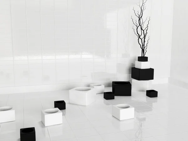 Černé a bílé vázy v prázdné místnosti, — Stock fotografie