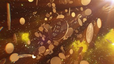 Bitcoin Kripto Para Birimi 'ni kapatın. Galaksinin teknoloji geçmişine düşüyor. 3B illüstrasyon.