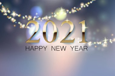 Bulanık bir geçmişi olan güzel bir Yeni Yıl bayrağı, mutlu bir yeni yılın 2021 altın yazısıyla. Parlayan çelenk ve bokeh etkisi.