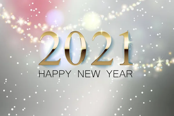 Un bellissimo banner di auguri per il nuovo anno con uno sfondo sfocato, un'iscrizione dorata 2021 del felice anno nuovo. Ghirlanda incandescente ed effetto bokeh. — Vettoriale Stock