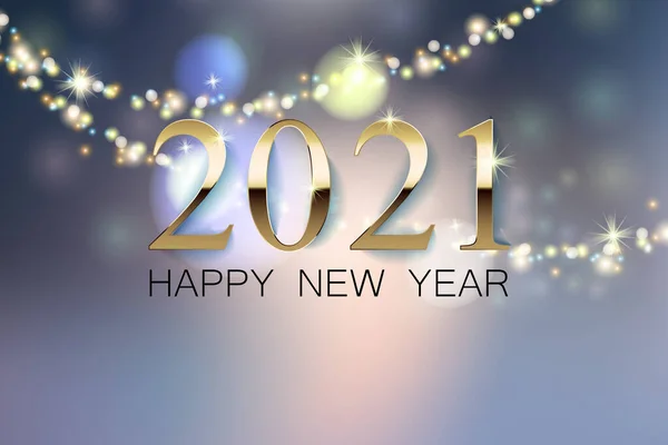 Un bellissimo banner di auguri per il nuovo anno con uno sfondo sfocato, un'iscrizione dorata 2021 del felice anno nuovo. Ghirlanda incandescente ed effetto bokeh. — Vettoriale Stock