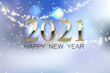 Bulanık bir geçmişi olan güzel bir Yeni Yıl bayrağı, mutlu bir yeni yılın 2021 altın yazısıyla. Parlayan çelenk ve bokeh etkisi.