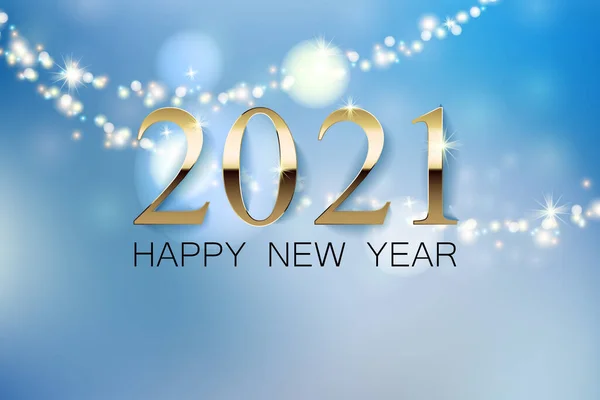 一个有着模糊背景的美丽新年祝福横幅，一个2021年快乐新年的金色题词。光彩夺目的花环和防爆效果. — 图库矢量图片