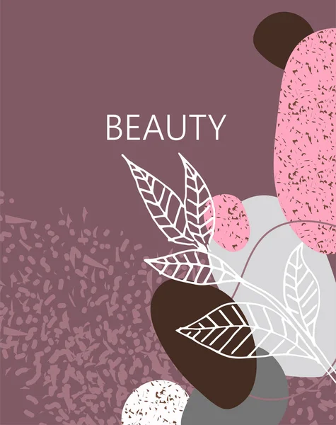Abstrakcyjne tło dla produktów kosmetycznych, inskrypcja piękna. Różne kształty z teksturą i kwiatowymi liśćmi ozdobnymi. — Wektor stockowy