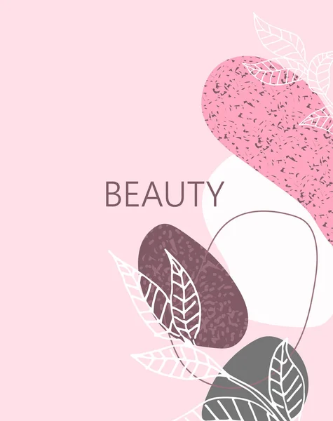 Sfondo astratto per i prodotti cosmetici, bellezza iscrizione. Forme diverse con texture e foglie di ornamento floreale. — Vettoriale Stock