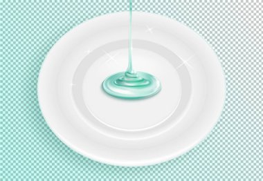 Sıkışan temiz jel tabağa akıyor. Bulaşık jeli formu. Gerçekçi.