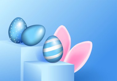 Mavi Paskalya yumurtaları havada, kaidede, podyumlarda ve pembe tavşan kulaklarında. Paskalya Bayramı için kartpostal..