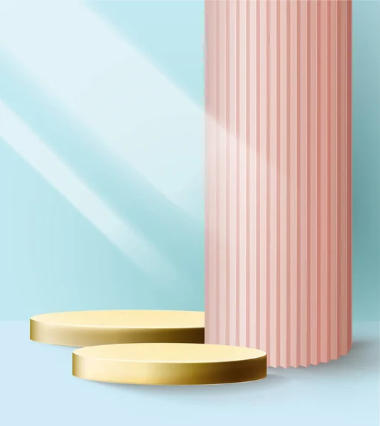 Due podi d'oro su sfondo cartaceo, con Wellpappe, modello mockup per la pubblicità dei prodotti. imitazione della fotografia di tendenza. — Vettoriale Stock