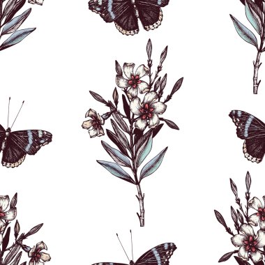 Amiral kelebekler ve zakkum çiçekleri ile desen