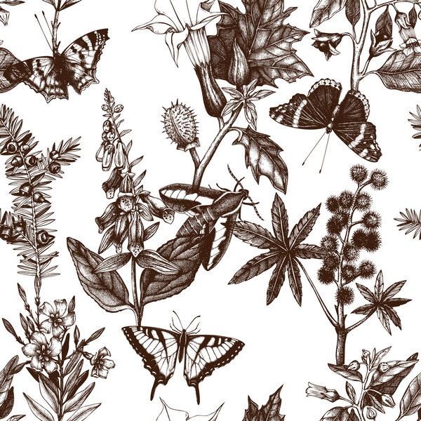 Шаблон с ядовитыми цветами и бабочками
