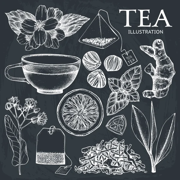 Conjunto de té vintage dibujado a mano — Vector de stock