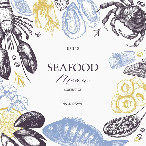 Desenho de cartão ou folheto de frutos do mar —  Vetores de Stock