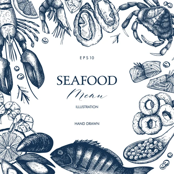 Cadre avec fruits de mer dessinés à la main — Image vectorielle