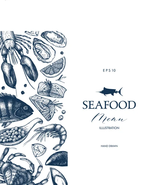 Quadro com frutos do mar desenhados à mão — Vetor de Stock