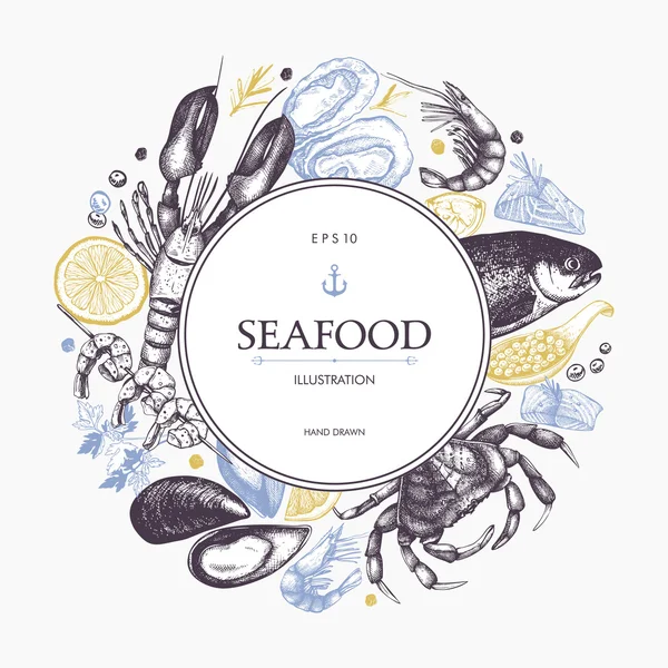 Cadre avec fruits de mer dessinés à la main — Image vectorielle