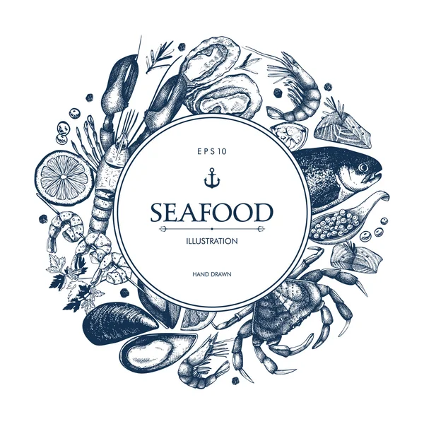Quadro com frutos do mar desenhados à mão —  Vetores de Stock