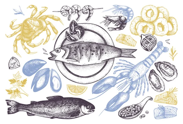 Kesintisiz deniz ürünleri arka plan — Stok Vektör