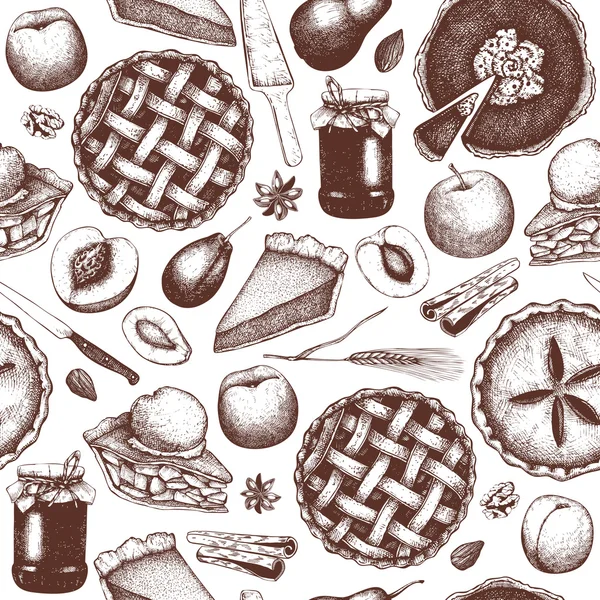 Seamless Pattern Ink Hand Drawn Fruit Desserts Sketch Vintage Harvest — Stock Vector