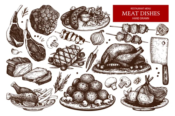 餐厅菜单模板与肉类菜肴 — 图库矢量图片