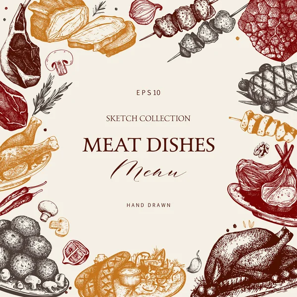 Plantilla de menú de restaurante con platos de carne — Archivo Imágenes Vectoriales