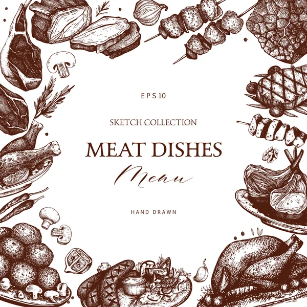 餐厅菜单模板与肉类菜肴 — 图库矢量图片