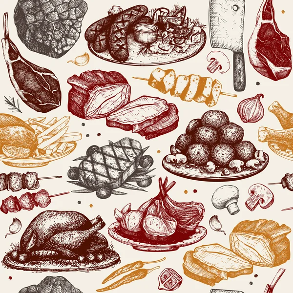 Modèle sans couture avec des plats de viande — Image vectorielle