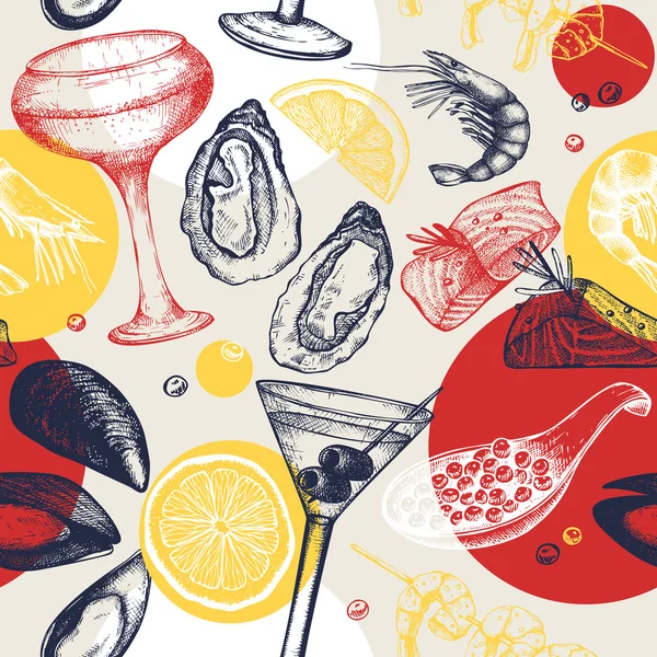 Seamless pattern with seafood and cocktails — Stock Vector
